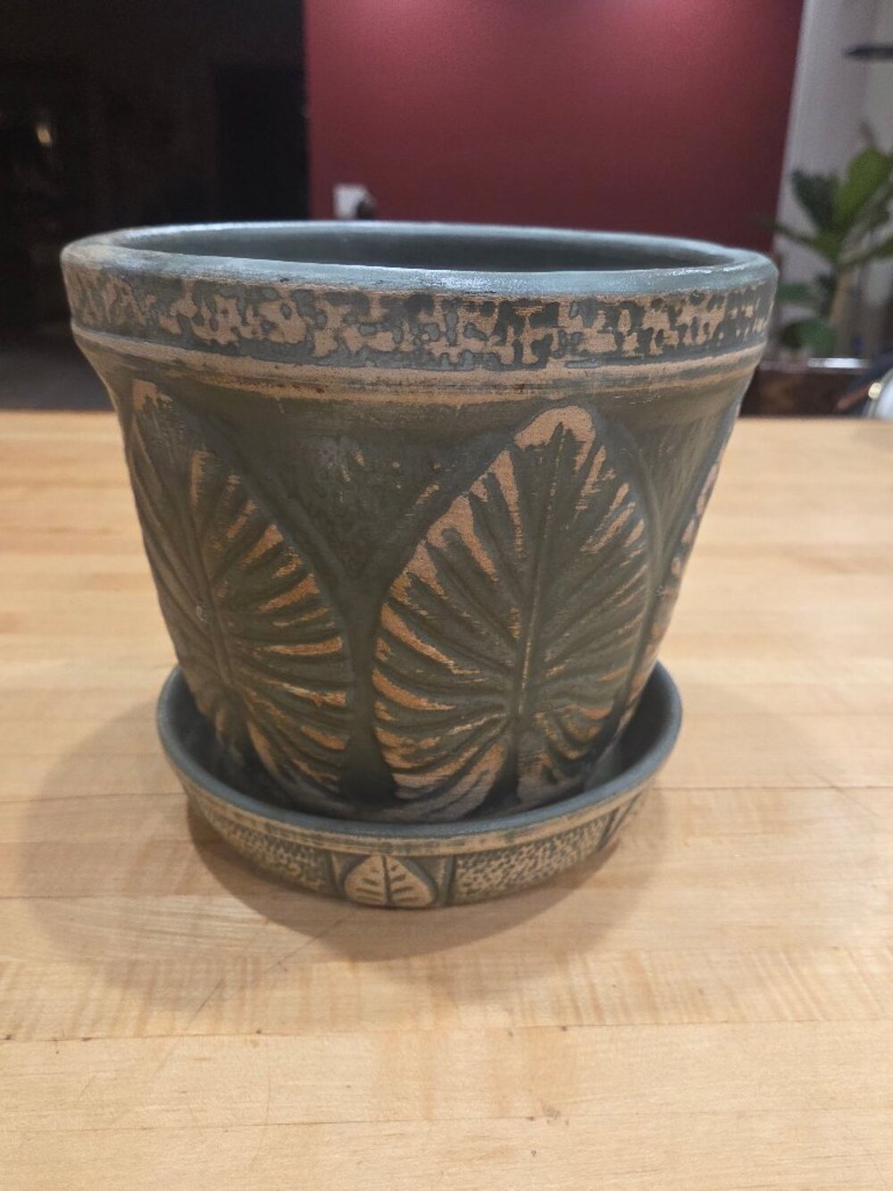 Vintage RRP Stoneware Brushware Caladium Elephant Ear Planter Saucer 8 Inch